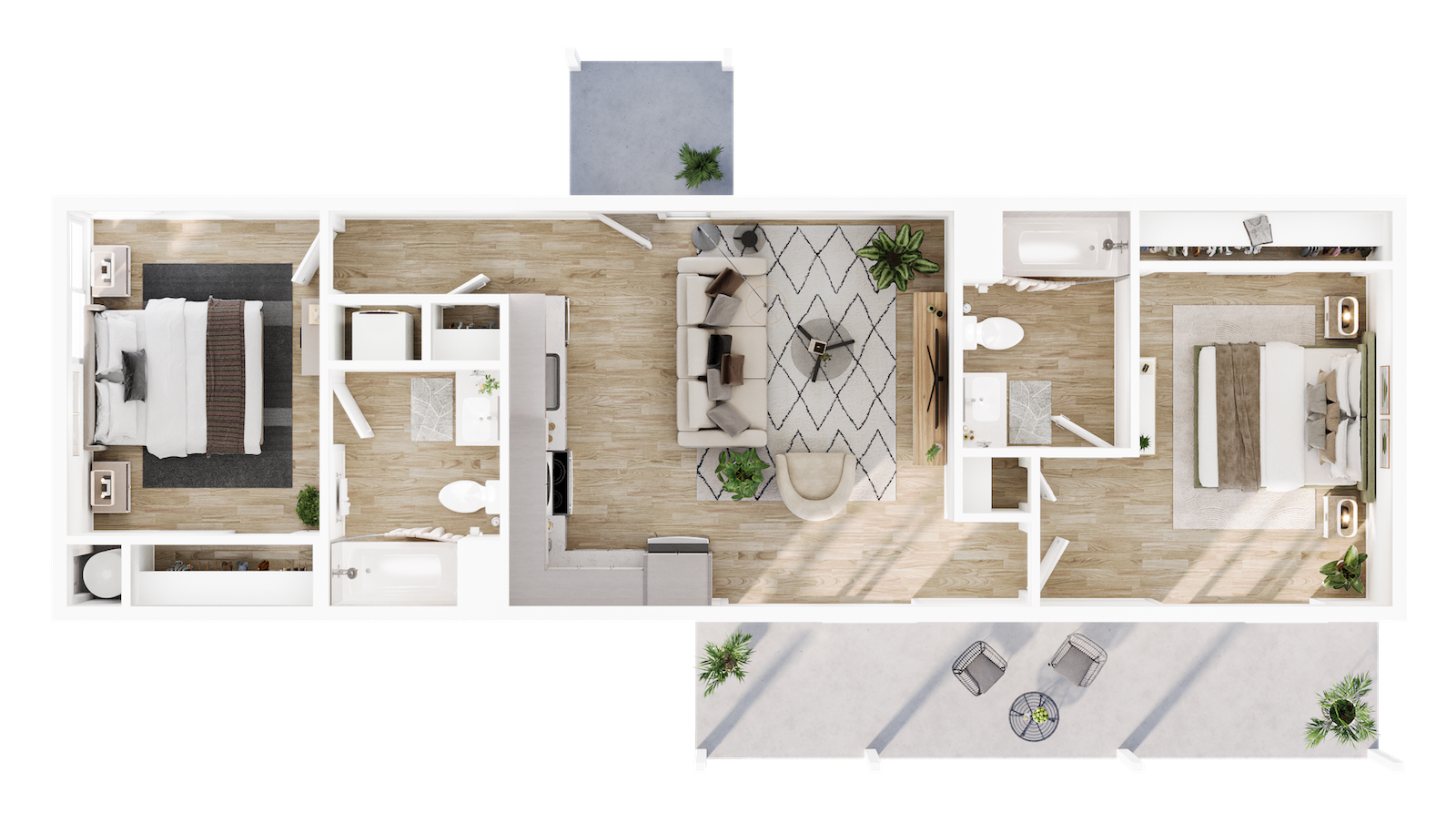 A 3D image of the The Haven floorplan, a 620 squarefoot, 2 bed / 2 bath unit